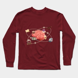 Coffee and Reading - coffee and book elements orbiting a brain Long Sleeve T-Shirt